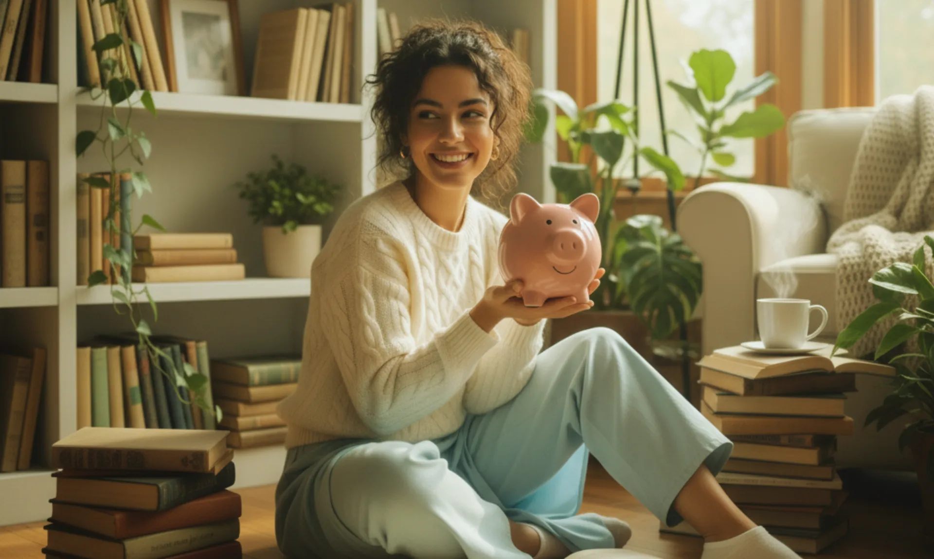 a girl with a piggybank & a collection of affordable books for home library