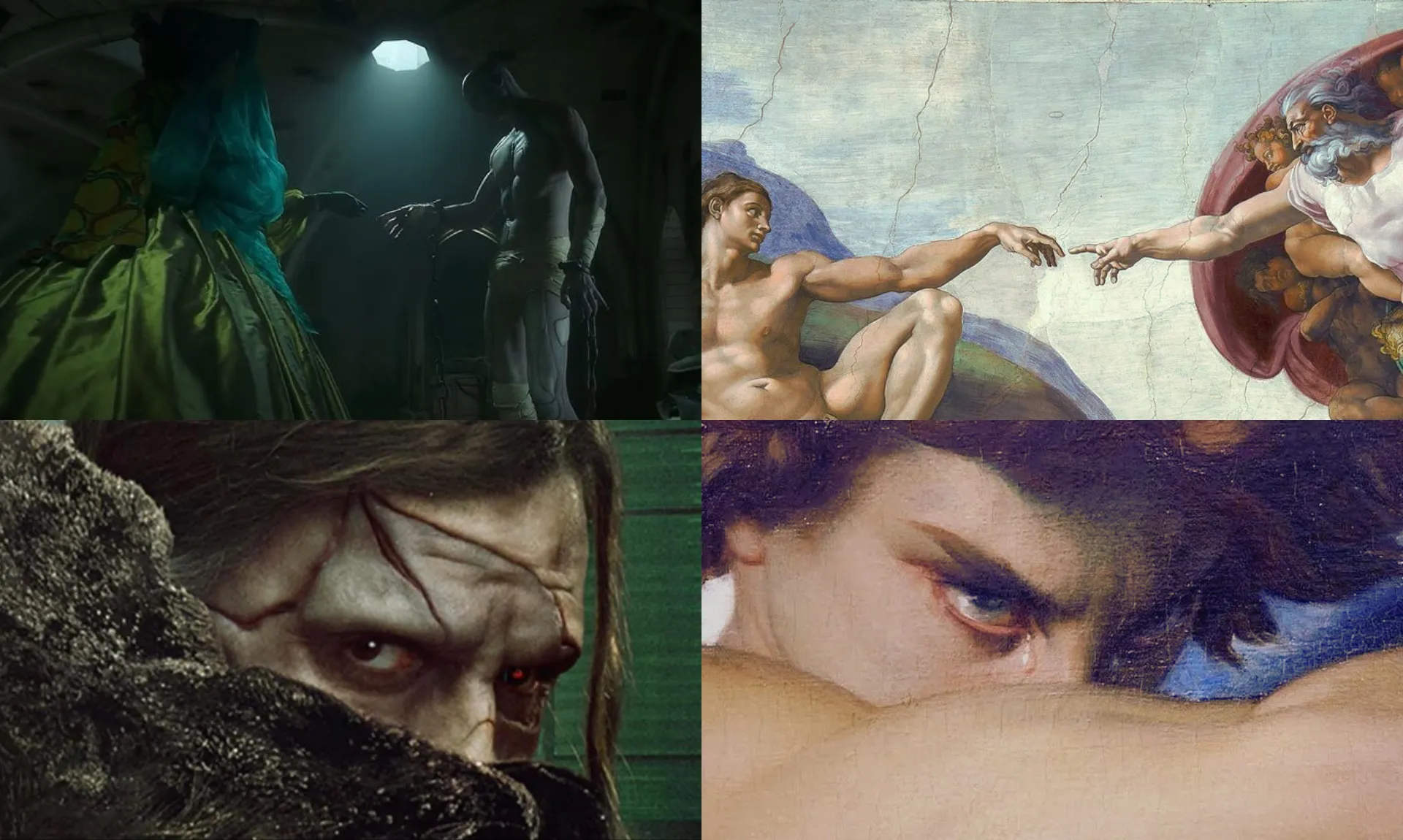 A collage showing scenes from Guillermo del Toro’s Frankenstein (2025) alongside Michelangelo’s and Alexandre Cabanel’s classical paintings, highlighting visual and thematic parallels.