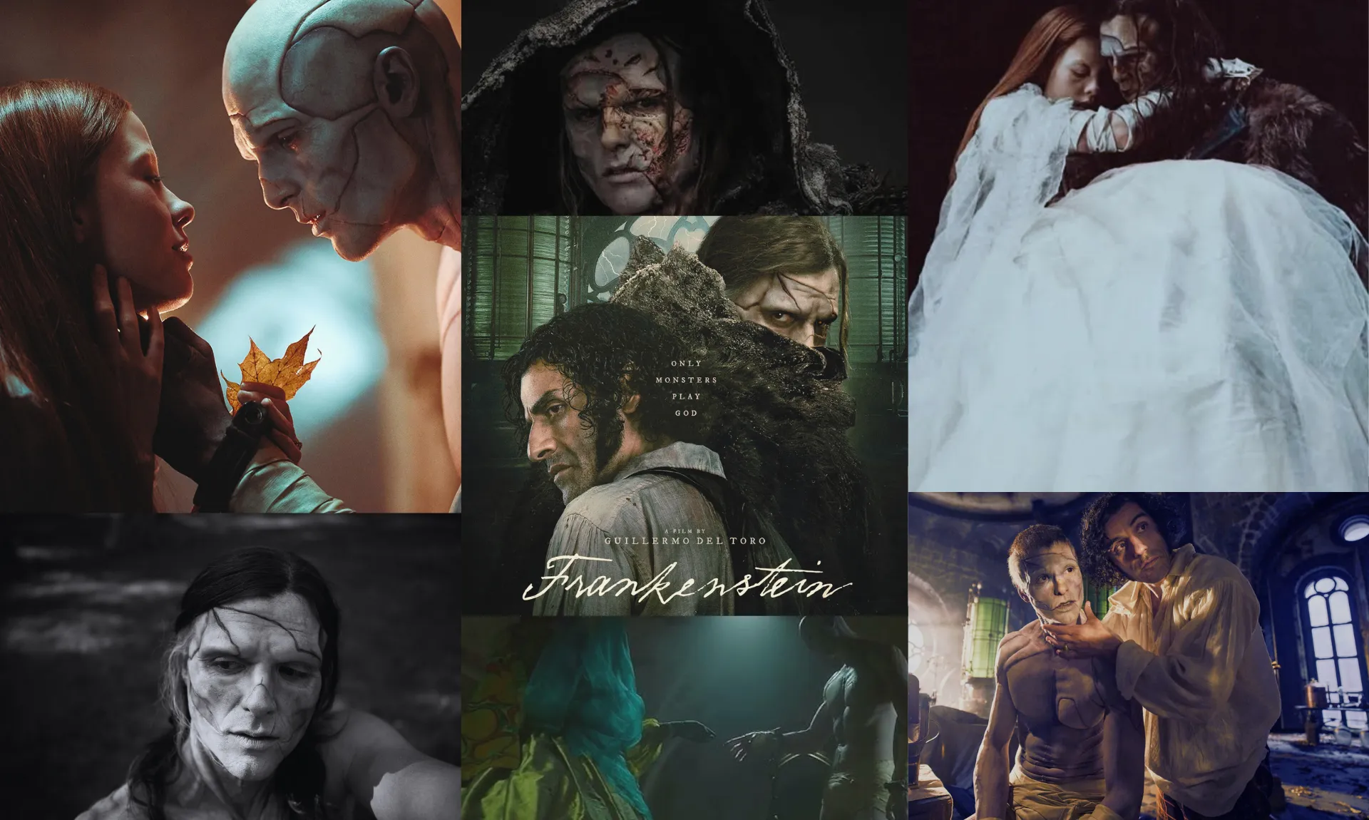 a collage showing different scenes from del Toro’s Frankenstein for comparison and editorial purposes