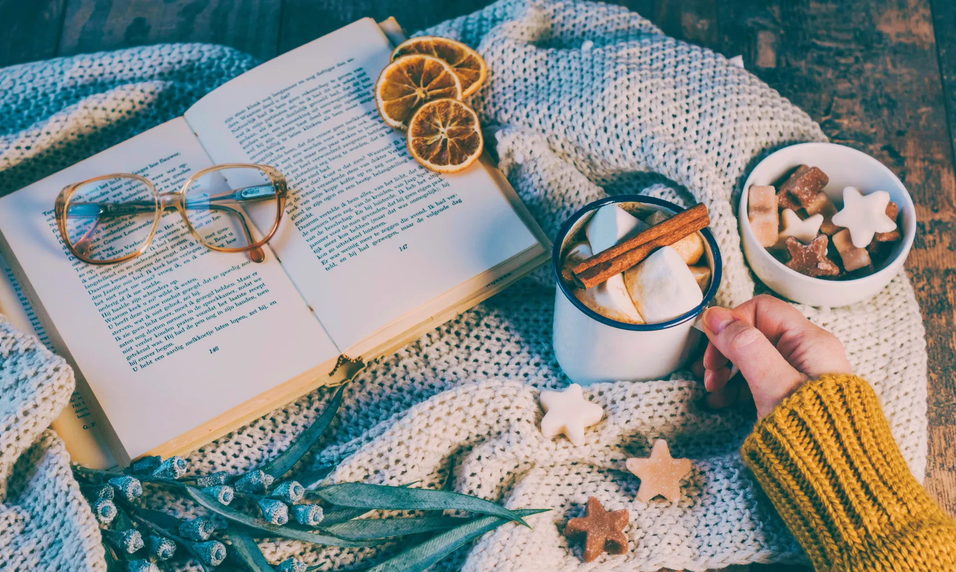 a girl holding a mug of hot chocolate with book, glasses, and some dried citrus presenting book aesthetics