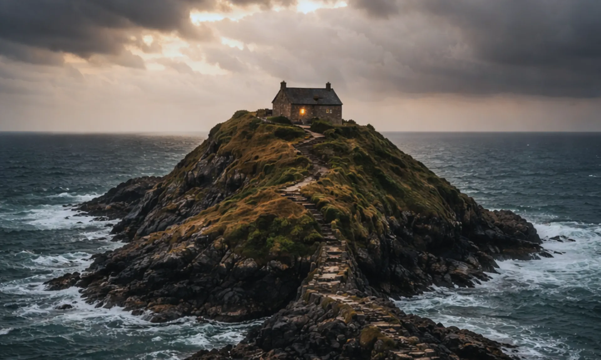 a-lonely-cottage-on-an-island Lonely rocky island with a small house surrounded by stormy ocean under dramatic cloudy sky