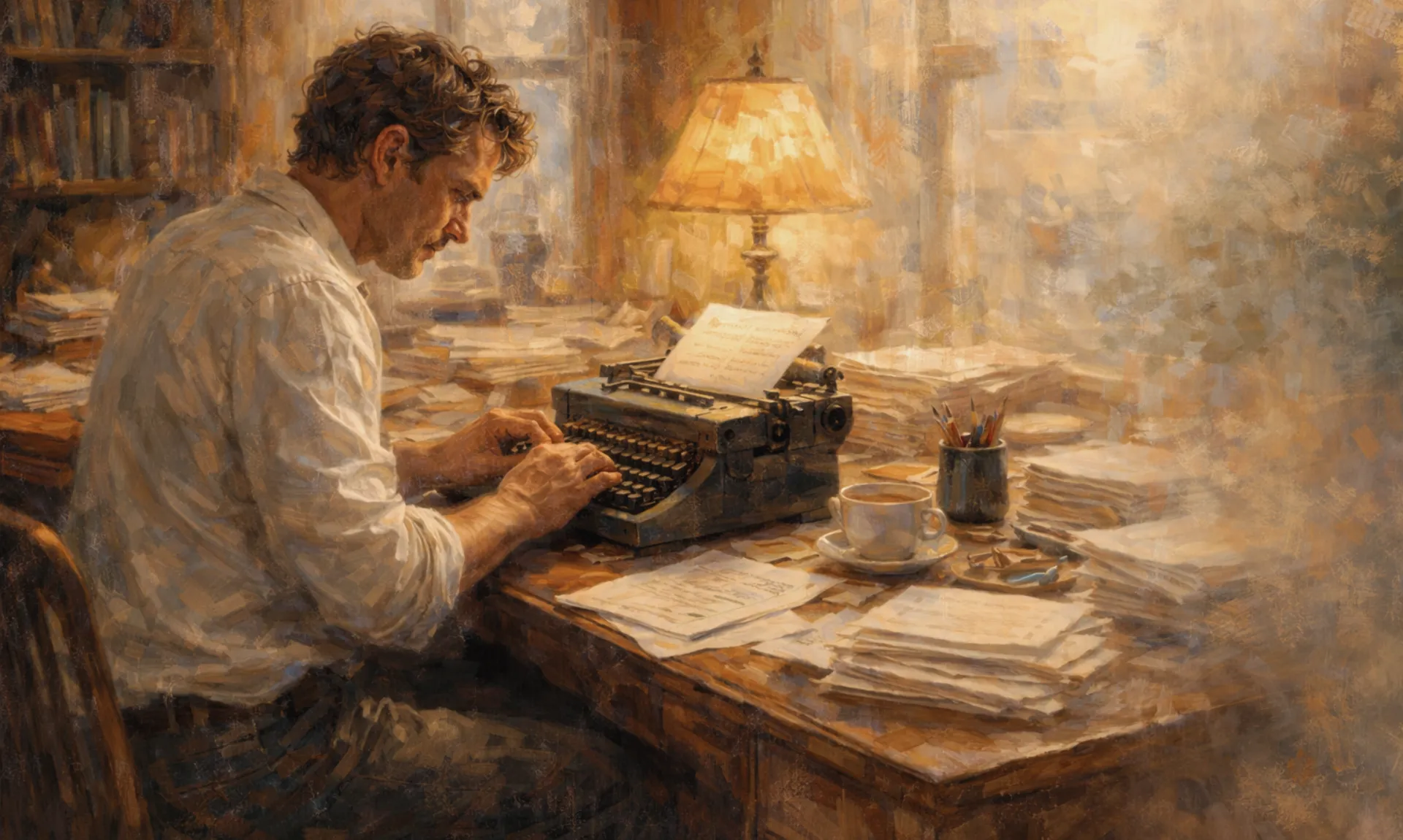impressionist-painting-of-writer-working-at-typewriter Impressionist painting of a middle-aged writer working at a typewriter on a cluttered desk in warm golden light