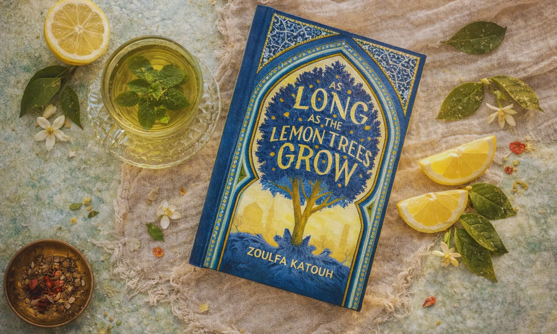 As Long as the Lemon Trees Grow by Zoulfa Katouh book surrounded by lemons, green tea, and some dried herbs.