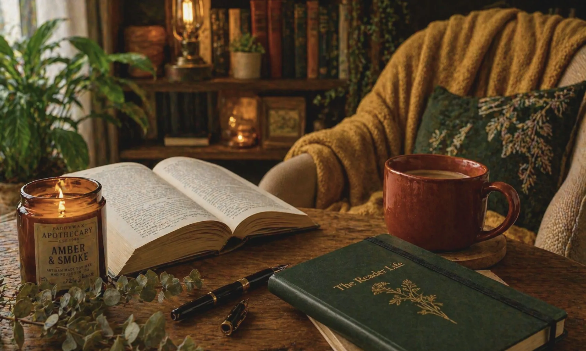 a cozy reading nook with a journary of thereaderlife