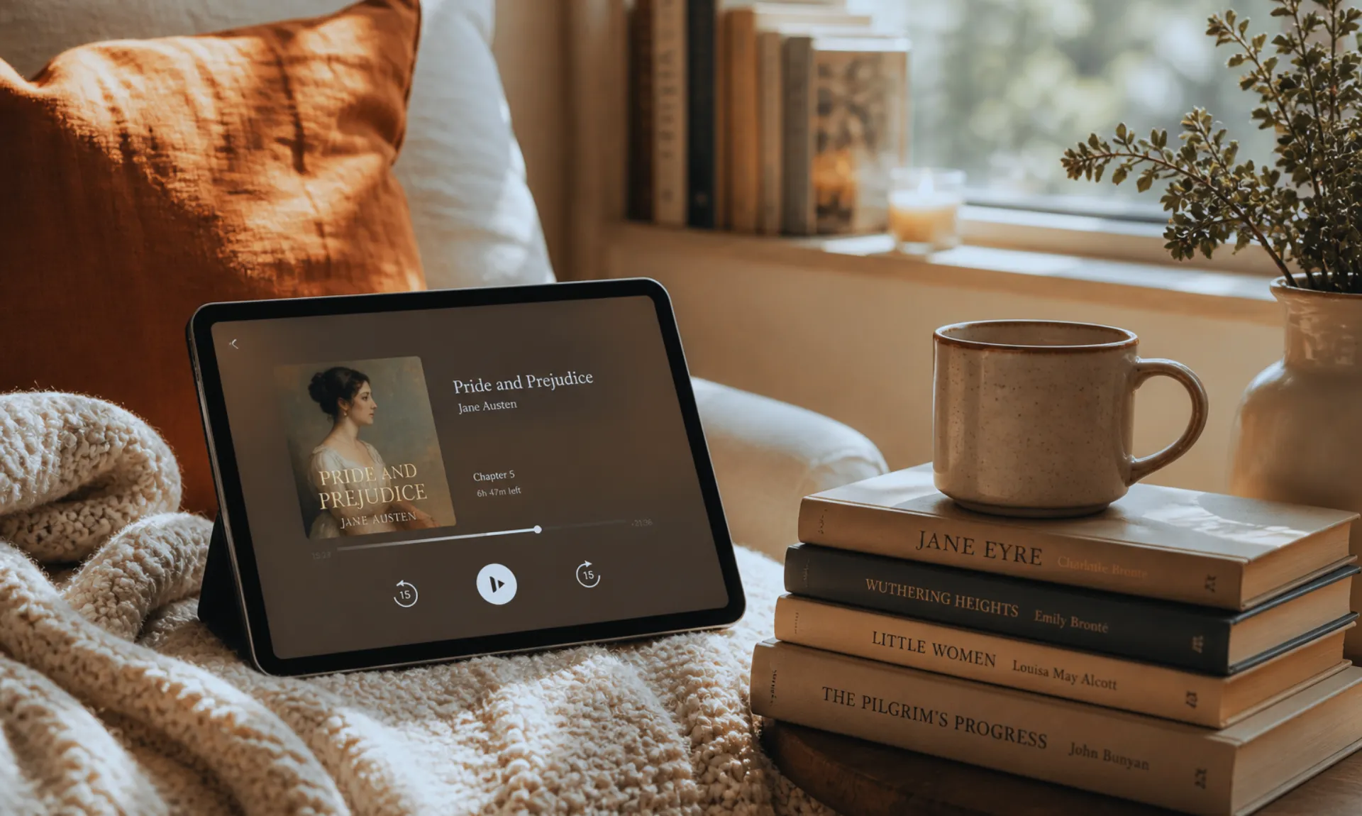 a tablet playing free audiobooks online next to a cup of coffee and stack of books