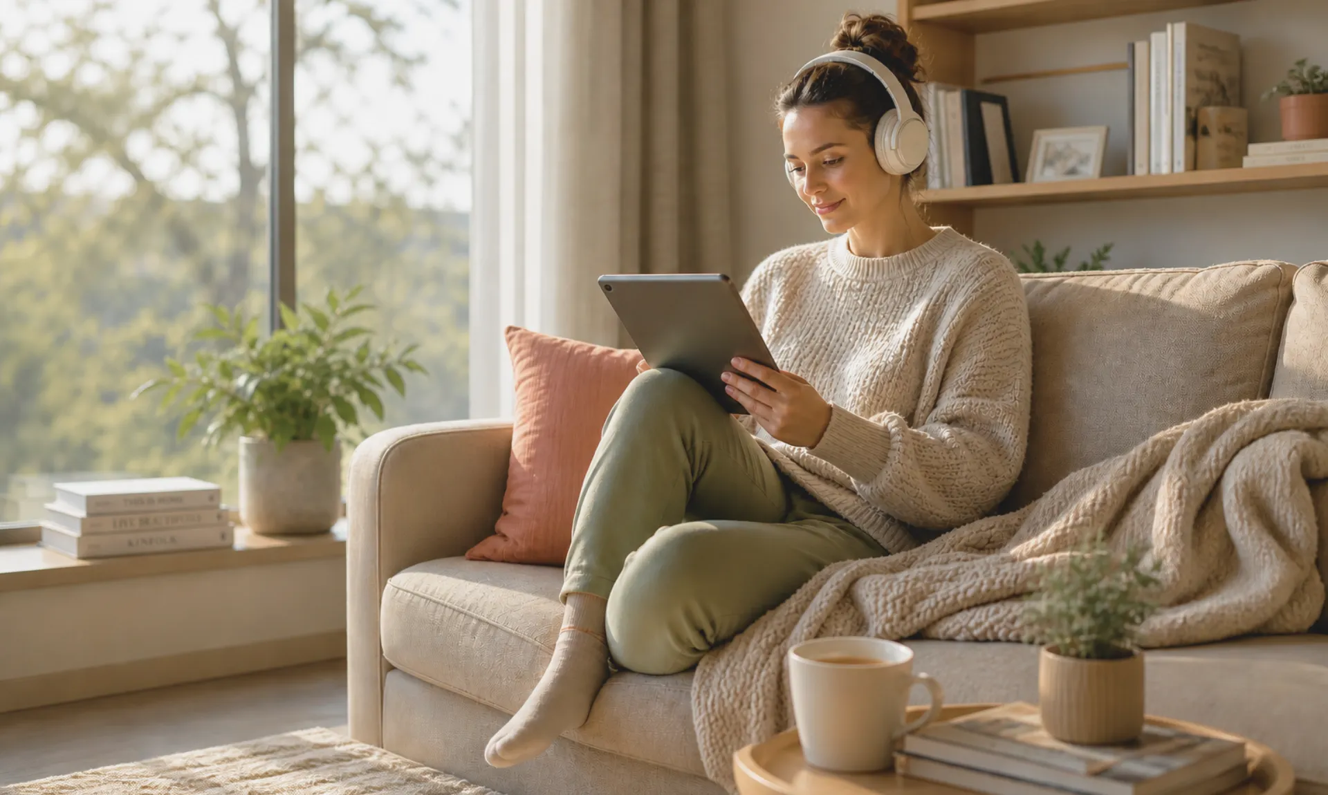 A girl listening to free audiobooks online in a cozy living room