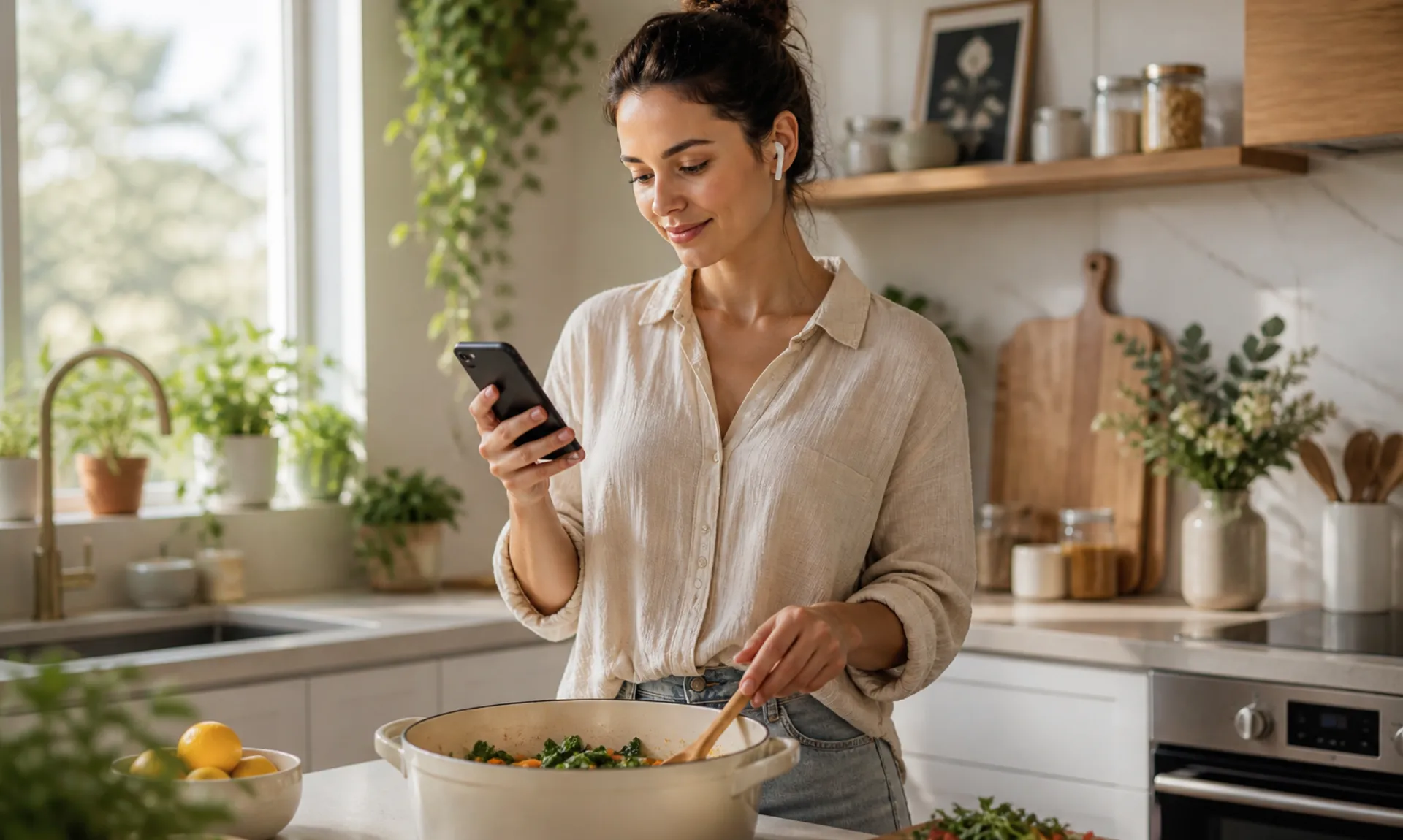 a girl cooking and listening to an audiobook online