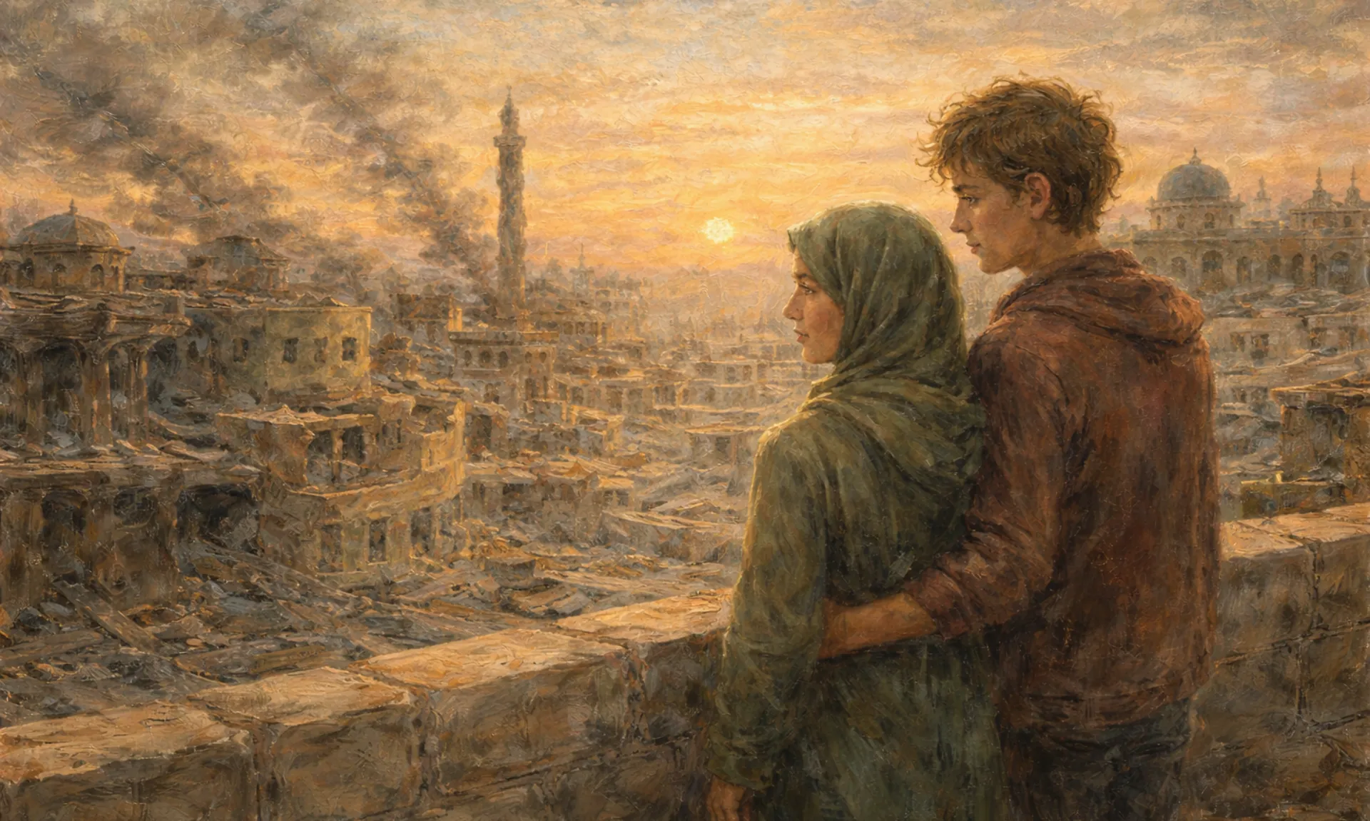 A fictional representation of Salama and Kenan in the war-torn city of Syria