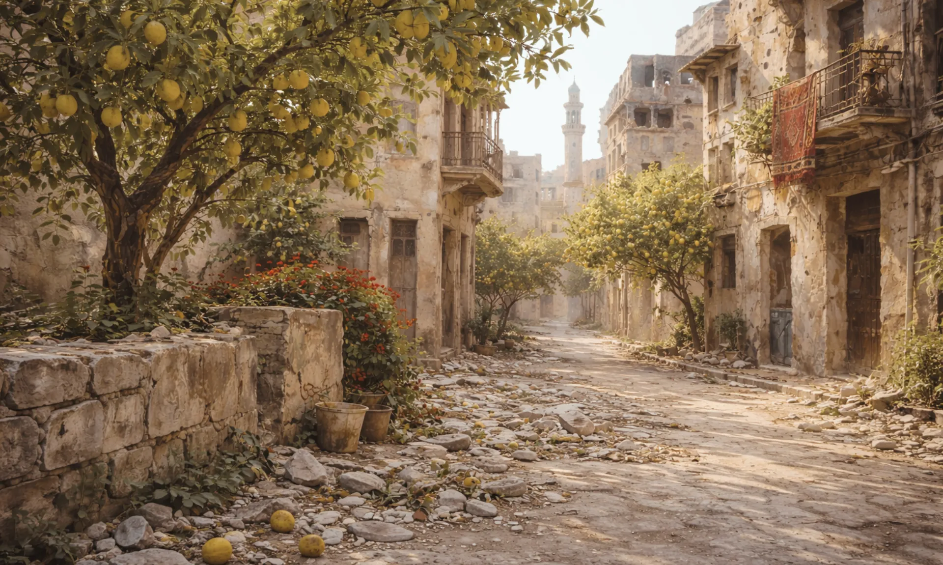 War-torn neighborhood in Syria with lemon trees presenting hope and resilience