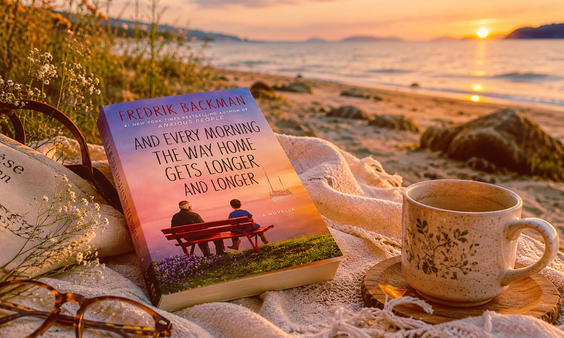 And Every Morning the Way Home Gets Longer and Longer Book in beach side with a cup of coffee