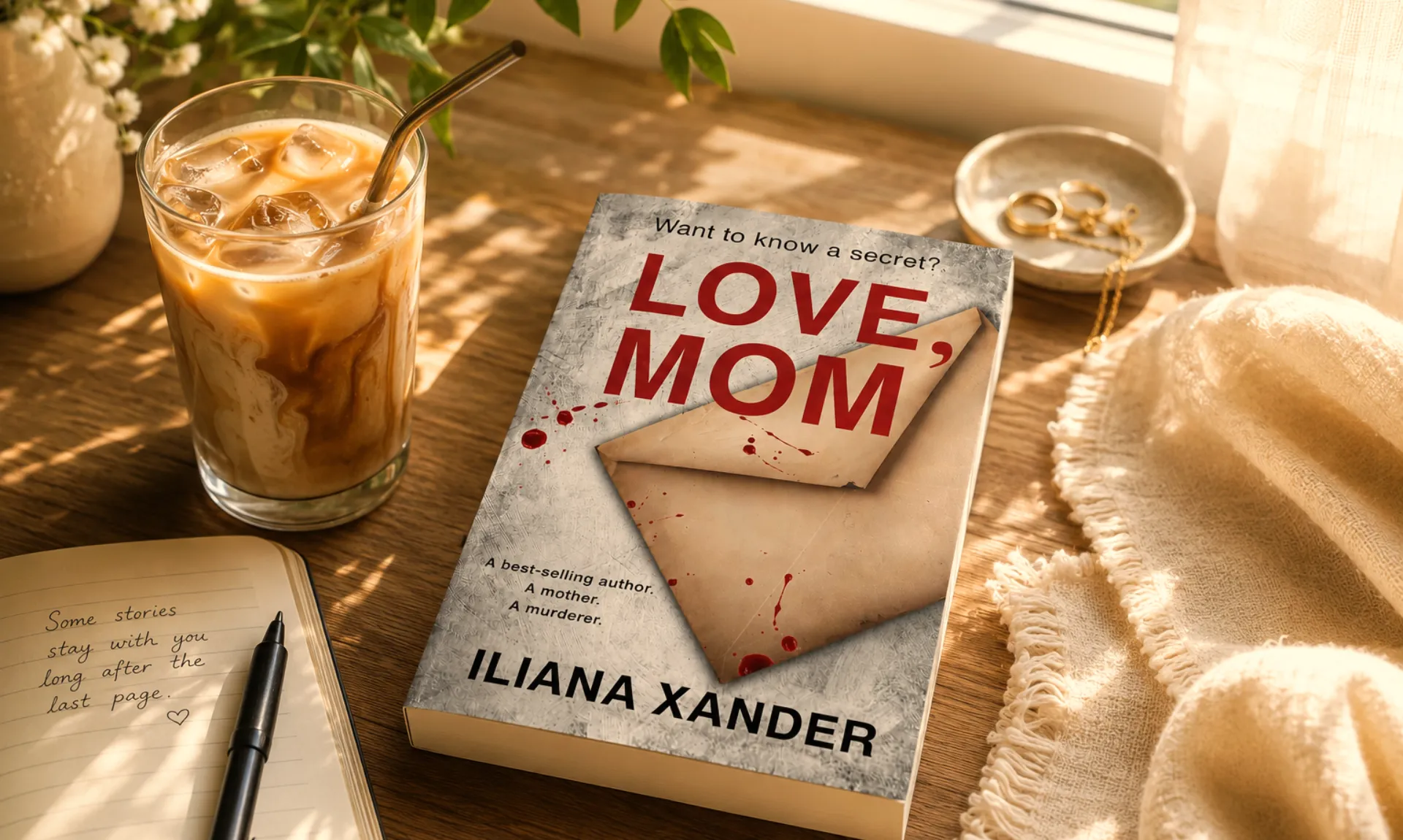 A cozy summer reading setup featuring Love, Mom by Iliana Xander on a sunlit wooden table beside a creamy iced coffee, an open journal, soft linen fabric, and delicate flowers near a bright window.
