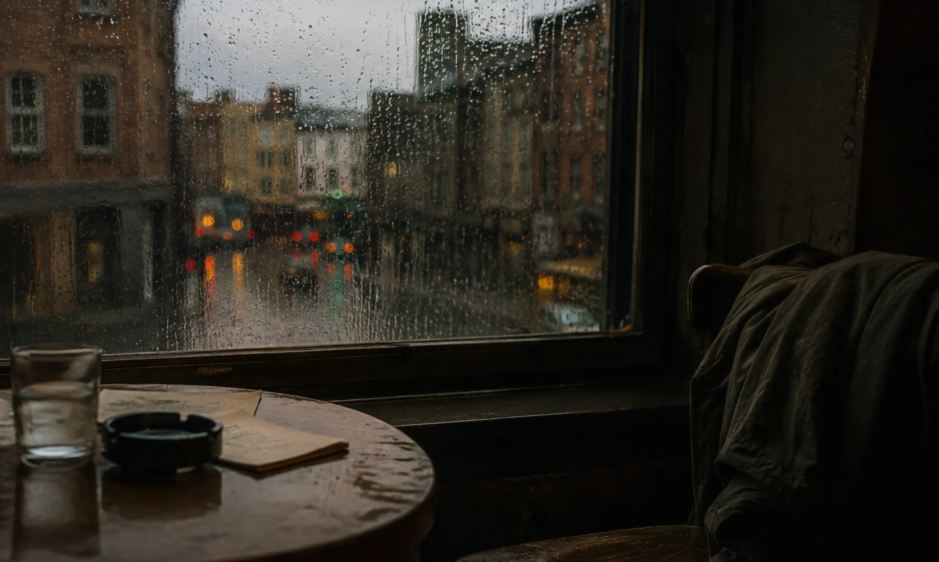 rainy-scene-in-urban-ireland A rain-covered window overlooking a gloomy city street with a small table holding a glass of water, an ashtray, and scattered papers, creating a lonely and melancholic atmosphere reminiscent of the emotional isolation in Acts of Desperation.