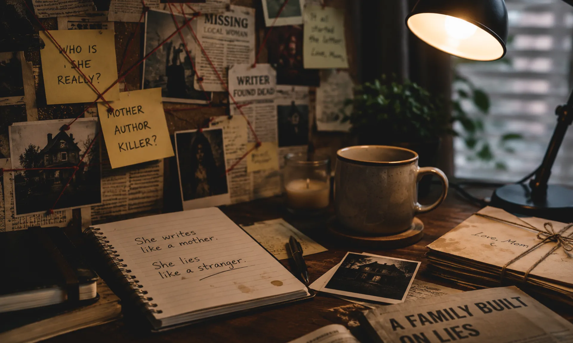 some sticky notes and a diary showing thriller vibe of the book Love Mom