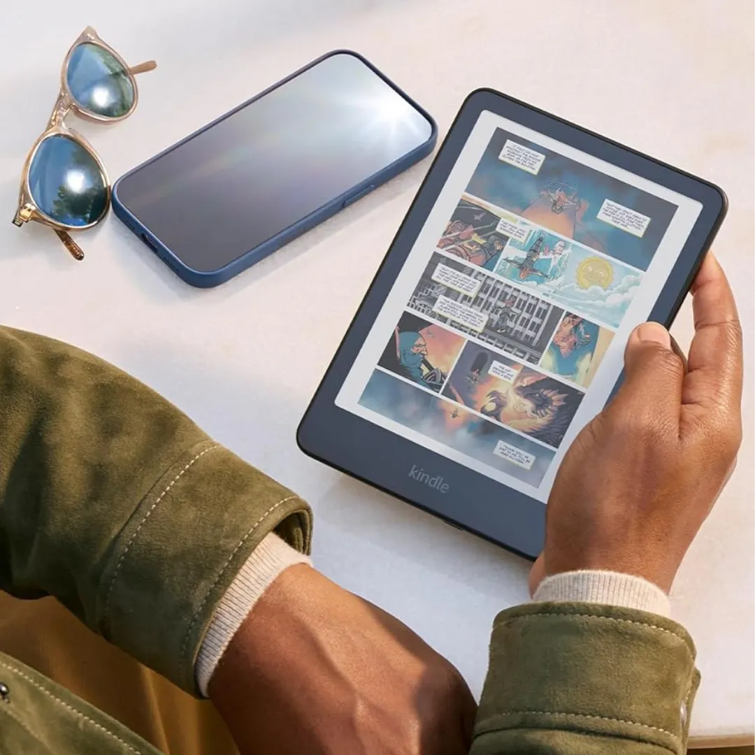 Amazon Kindle Colorsoft featuring a color e-paper display for comics and illustrated books.