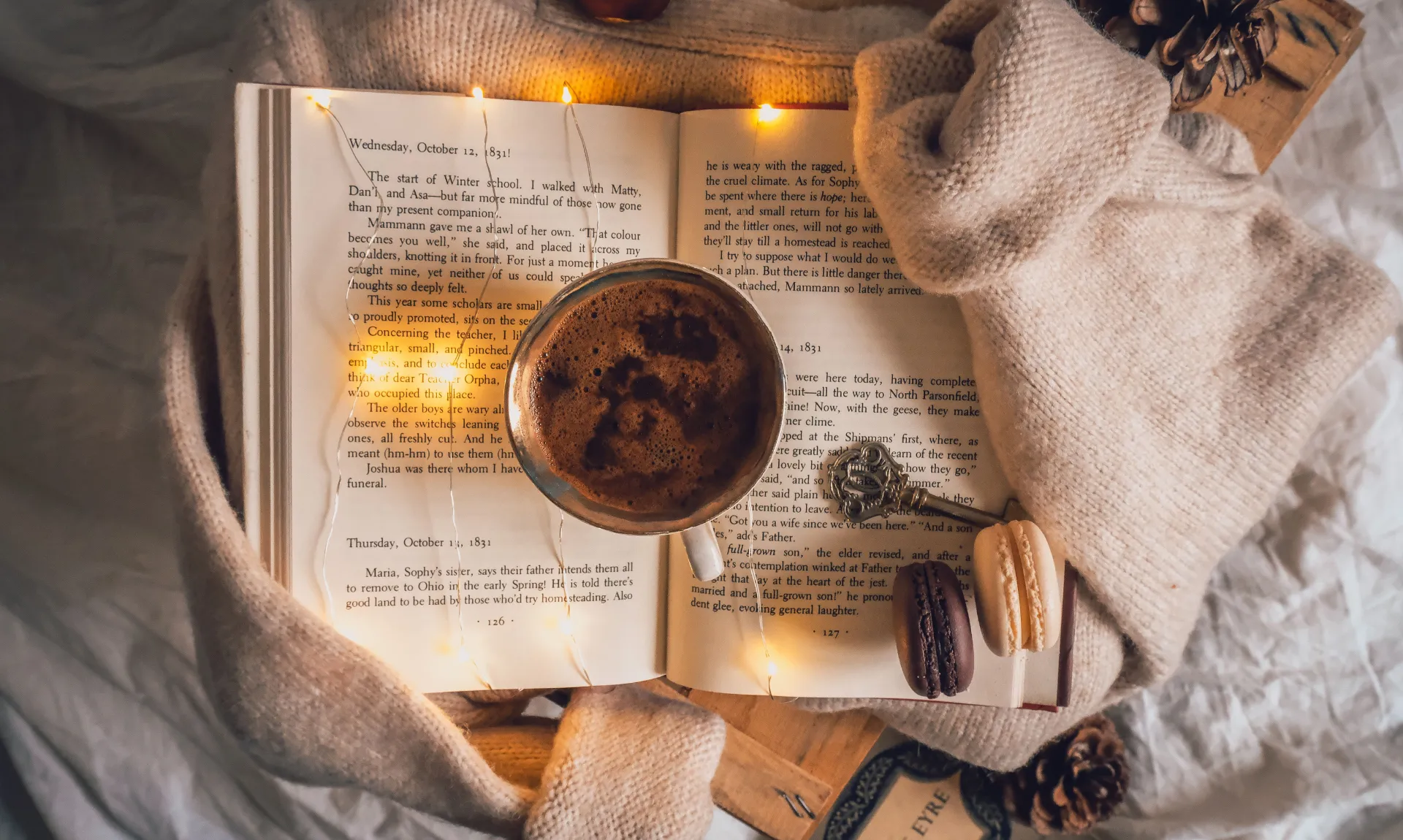 best-books-recommendations a book with a cup of coffee and some fairy lights