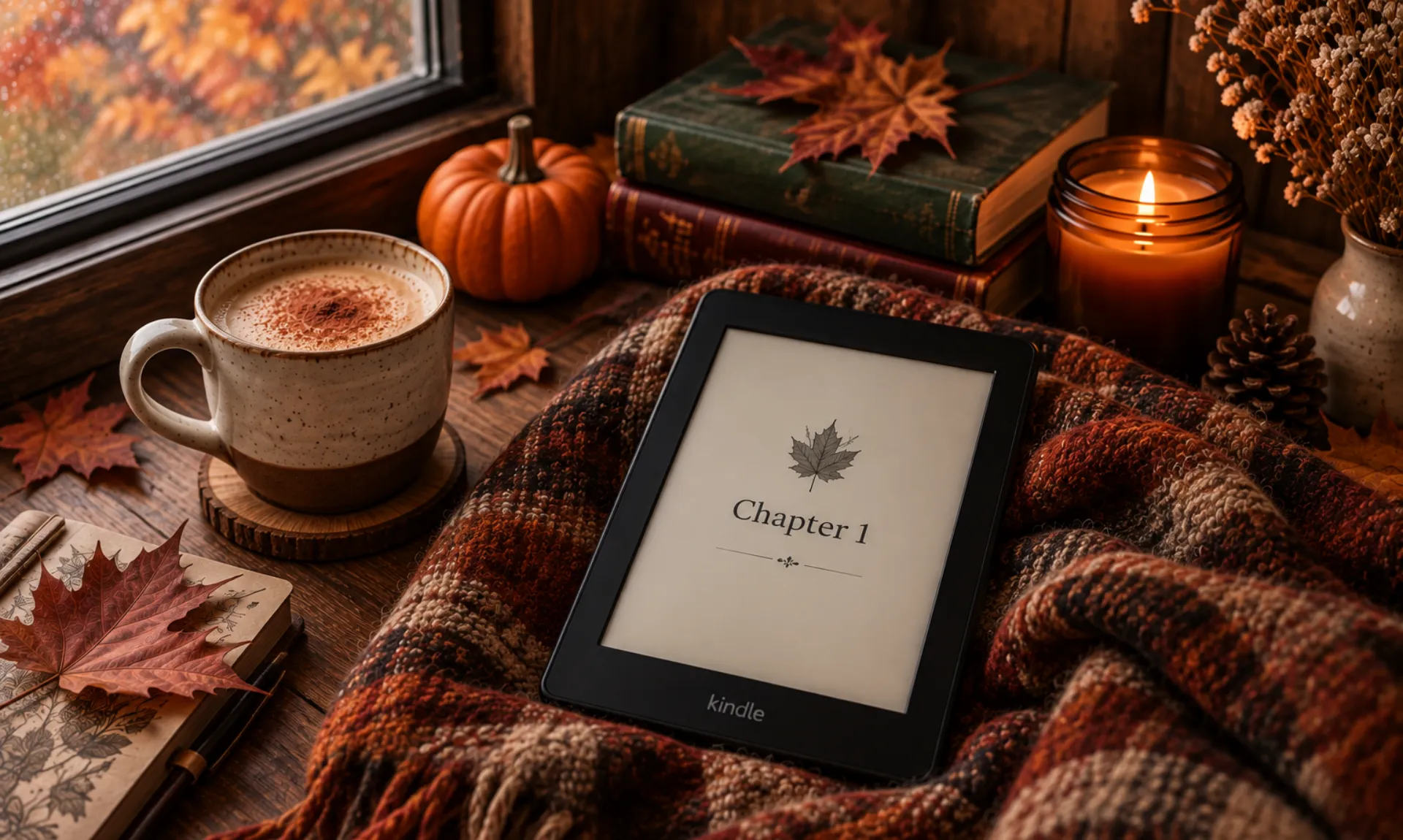 best-fall-books-to-read-on-kindle-unlimited a kindle and autumnal set-up, representing best fall books on kindle unlimited