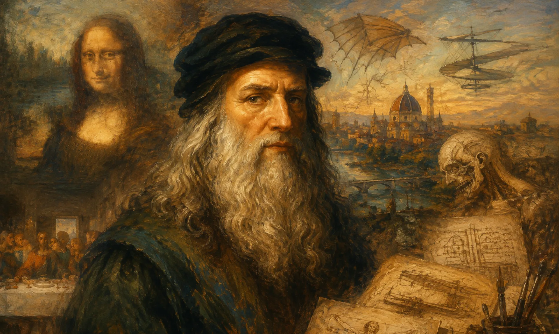 Leonardo da Vinci surrounded by his famous paintings, scientific sketches, and inventions in an artistic Renaissance-style composition.