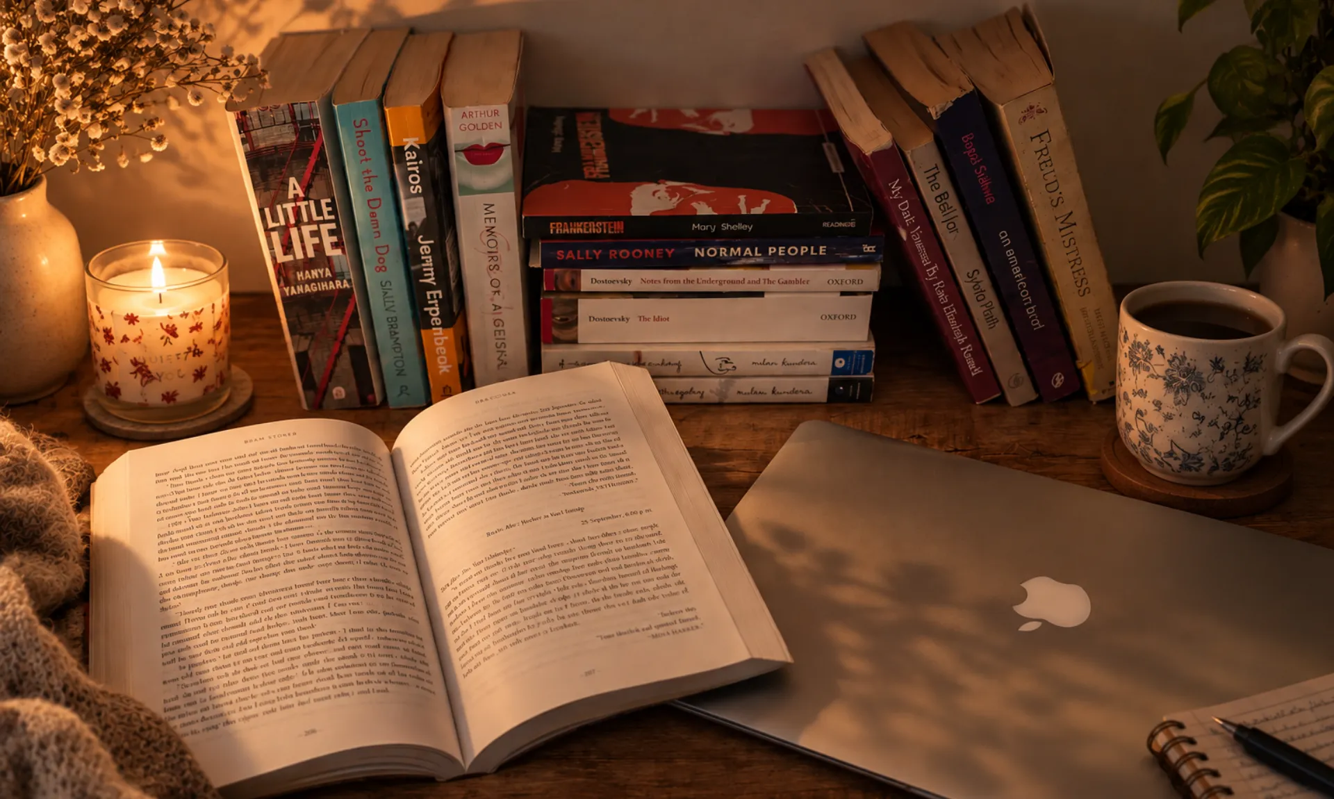 a collection of saddest books of all time placed on table with macbook and a cup of coffee