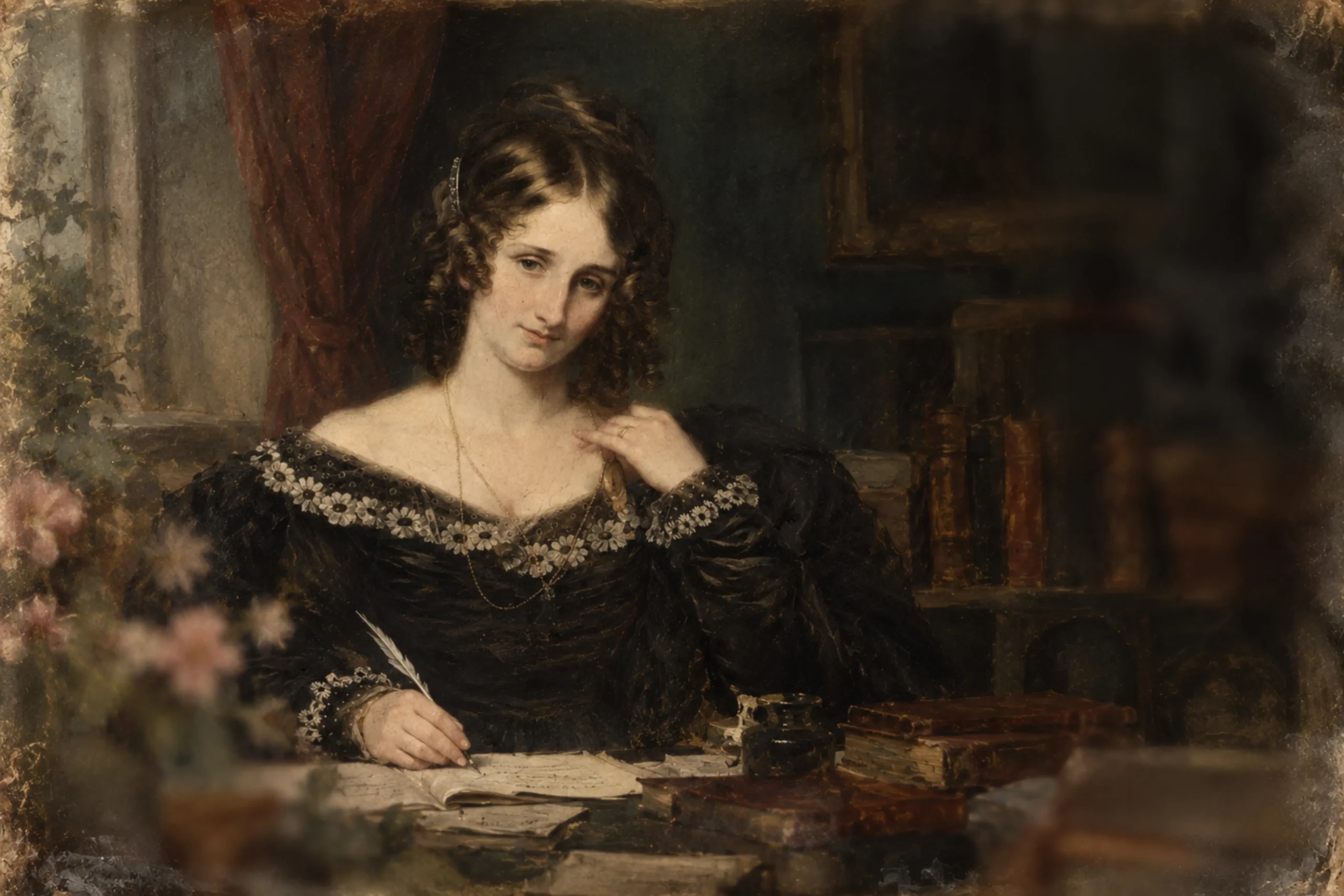 artistic representation of mary shelley on her writing desk
