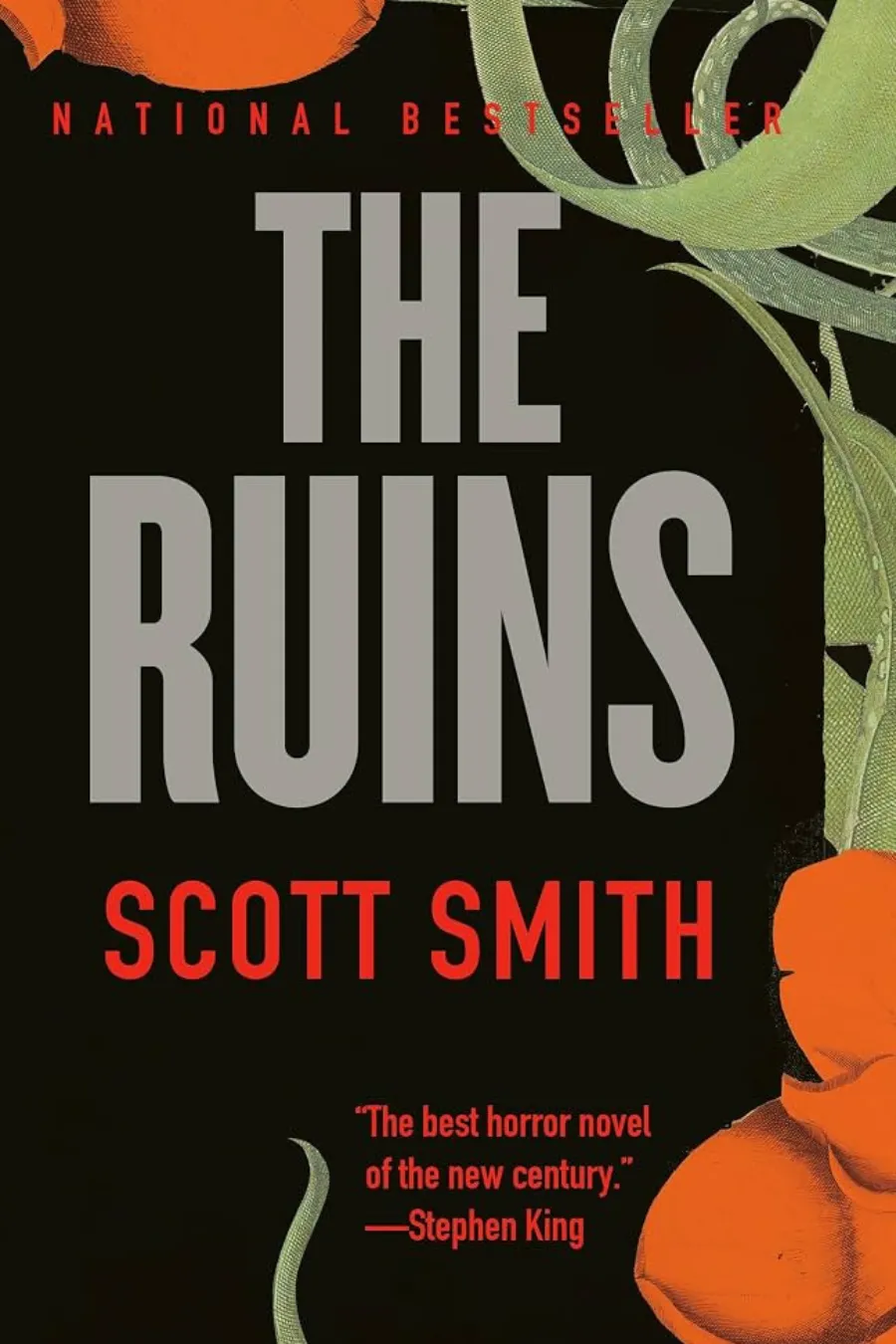 the-ruins-by-scott-smith The Ruins by Scott Smith book cover for an ecological horror novel about tourists trapped near ancient ruins by deadly, living vines.